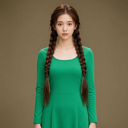 Photograph of a young Asian woman with long, dark braided hair, wearing a green long-sleeve dress, standing against a plain brown background
