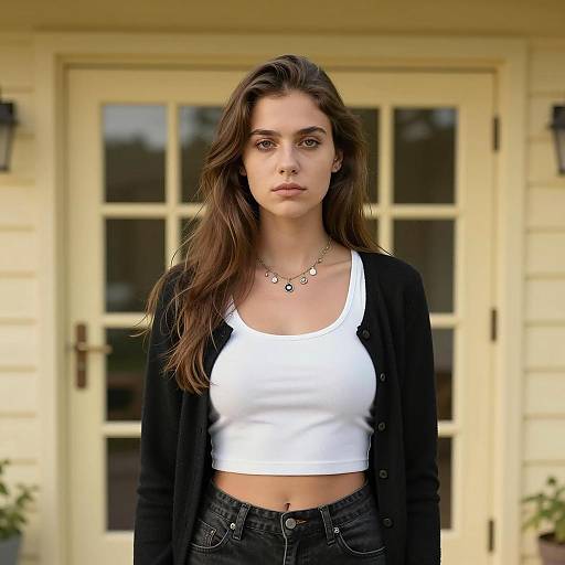Young Woman in Front of Yellow House