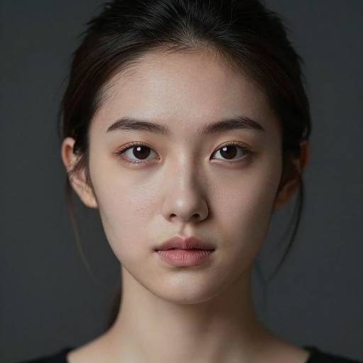 Photograph of an East Asian woman with fair skin, dark eyes, and black hair in a simple ponytail, facing the camera against a dark blue