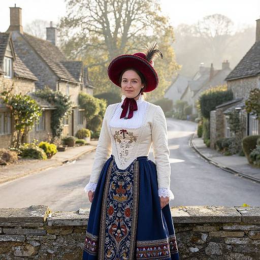 Photograph of a fair-skinned woman in traditional Bavarian dress, white blouse, blue embroidered skirt, red hat with feather, standing on stone wall