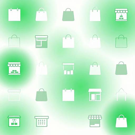 Grid of white shopping icons (bags, calendars, storefronts) on a gradient green background. Digital illustration.