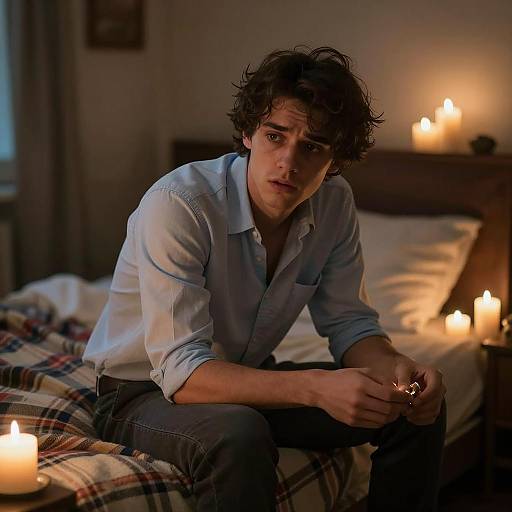 Young man sitting on bed with candles