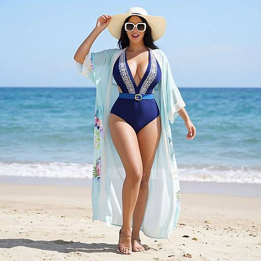 Photograph of a woman with tan skin, wearing a deep navy one-piece swimsuit, white lace robe, wide-brimmed hat, and white