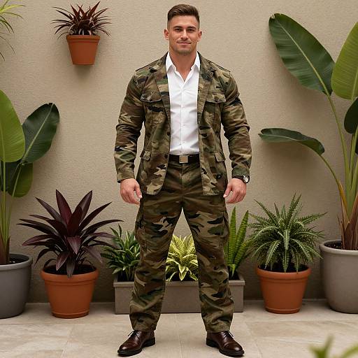 Photograph of a muscular, smiling man in camouflage military-style outfit, white shirt, brown shoes, standing in front of potted plants.
