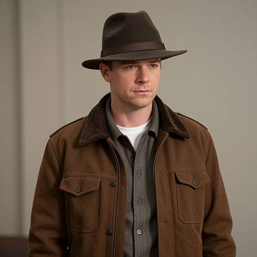 Photograph of a Caucasian man with fair skin, wearing a black fedora, brown jacket, gray shirt, and white tee, standing against a plain