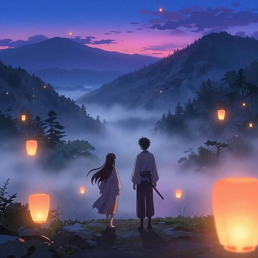 Anime-style digital artwork of a couple standing in a misty mountain valley at twilight, surrounded by glowing lanterns and forest.