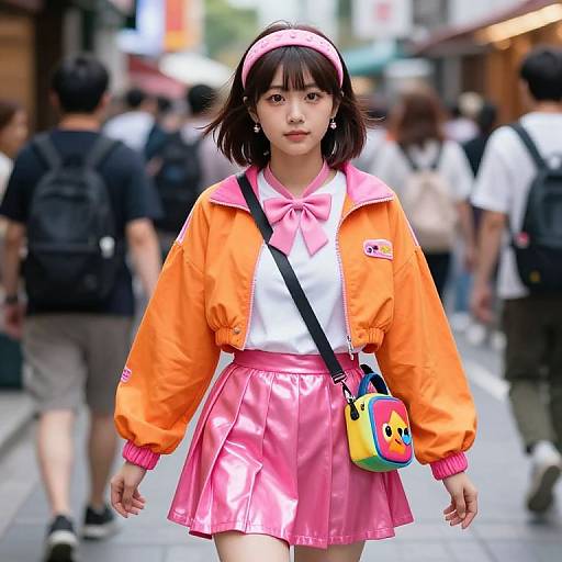 Photograph of an East Asian teenage girl with short brown hair, wearing an orange jacket, pink skirt, white shirt, and a pink headband,