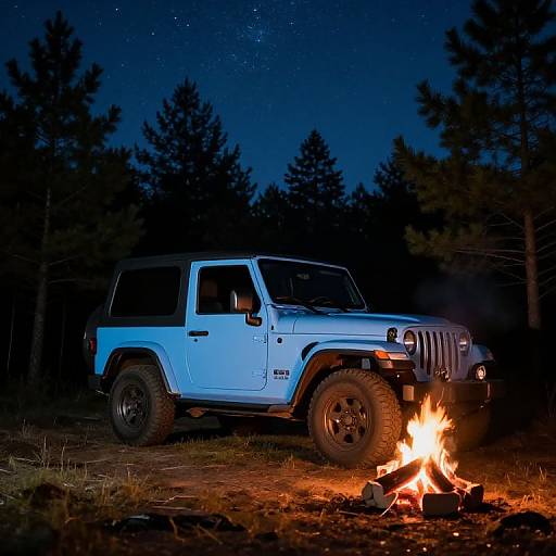 Photograph of a white Jeep Wrangler parked beside a campfire under a starry night sky, surrounded by dark pine trees.