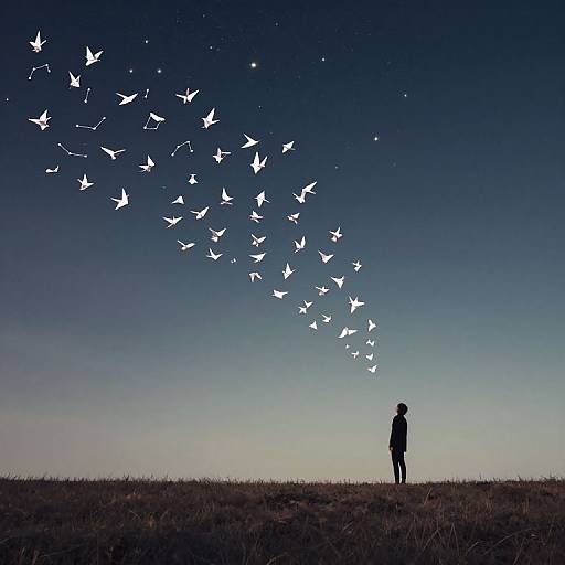 Silhouette of a person standing on a grassy hill, gazing at a flock of white birds flying across a twilight sky.