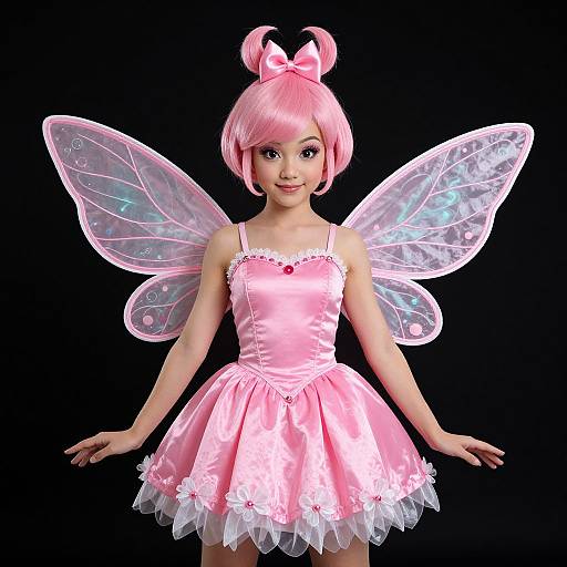CGI image of a young girl with pink hair, wearing a pink fairy dress and translucent wings, against a black background.