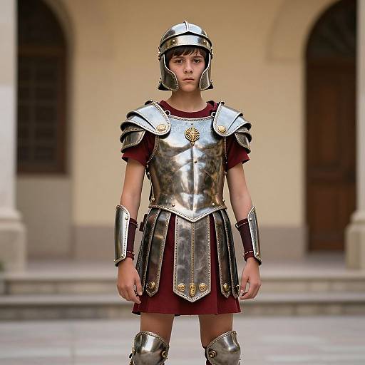 Photorealistic CGI of a young girl in Roman-style silver armor with burgundy tunic, standing in front of a beige building.