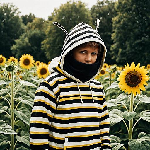 Young Man in Bee Costume Among Sunflowers