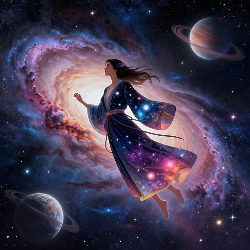 Digital artwork of a woman in a flowing, starry robe, floating amidst a colorful galaxy with swirling clouds and planets.