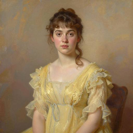 Classical portrait painting of a young woman with fair skin, brown hair, and blue eyes, wearing a yellow, ruffled dress against a beige background