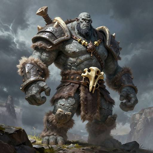Digital painting of a muscular, blue-skinned, bearded orc warrior with fur and bone armor, standing in a stormy, rocky landscape.