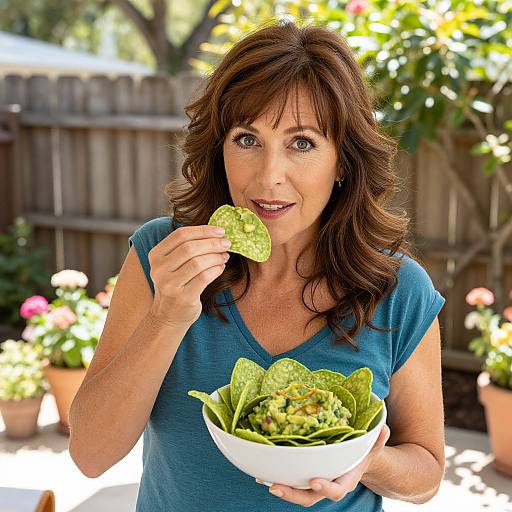 Middle-aged woman with wavy brown hair, blue shirt, eating guacamole chips from white bowl, outdoor garden, wooden fence background.