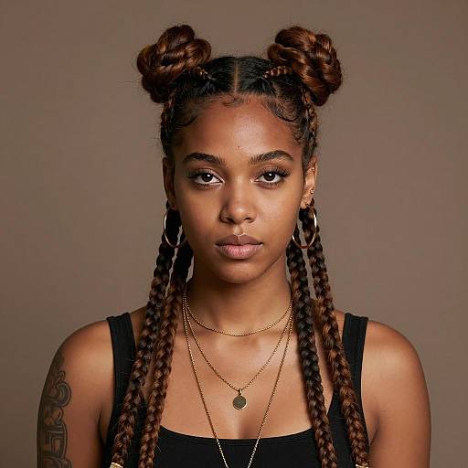 Young Black Woman with Knotless Braids and Double Buns