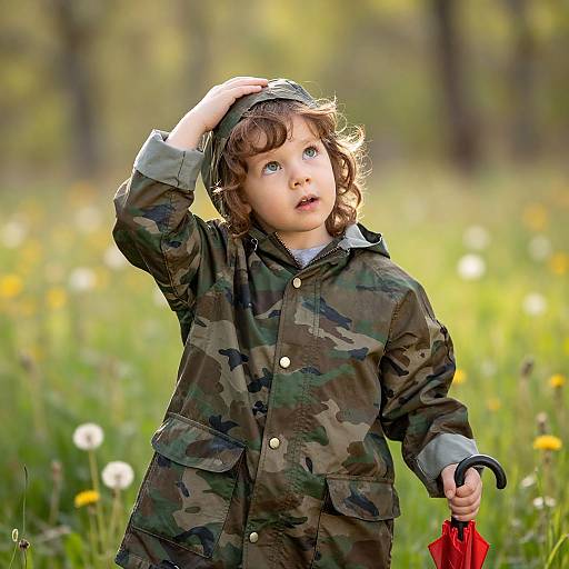 Photograph of a curly-haired toddler in a camouflage jacket, holding a red umbrella, standing in a sunlit meadow with dandelions.