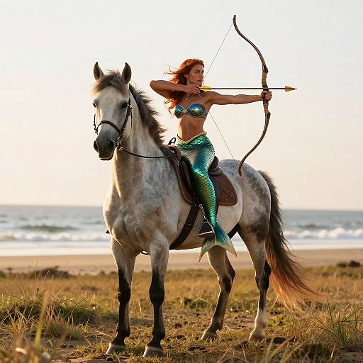 Photograph of a mermaid with green scales and blue bikini top, arching a bow while riding a grey horse on a beach at sunset.