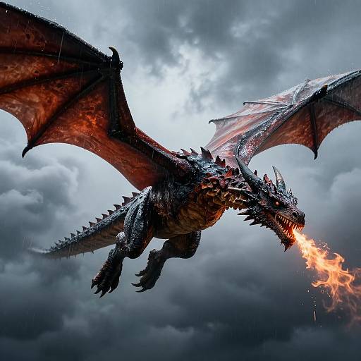Photorealistic digital artwork of a fierce, black dragon with red-tinged wings and scales, breathing fire against a stormy, cloudy sky.