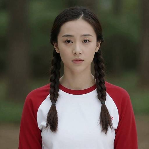 Photograph of a young Asian woman with long black braids, wearing a red and white raglan shirt, standing in a blurred forest background.