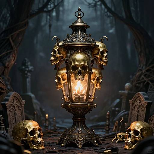 Photograph of a dark, eerie forest with an ornate, glowing lantern adorned with skulls, surrounded by scattered golden skulls and candles.