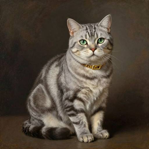 Photograph of a gray tabby cat with green eyes, wearing a gold collar, sitting against a dark, textured background.