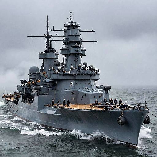 Photograph of a large, gray naval warship with multiple radar towers, marked with number 