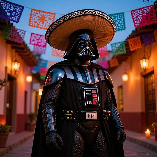 Photograph of Darth Vader in a large Mexican sombrero, standing on a cobblestone street with colorful papel picado and lanterns.