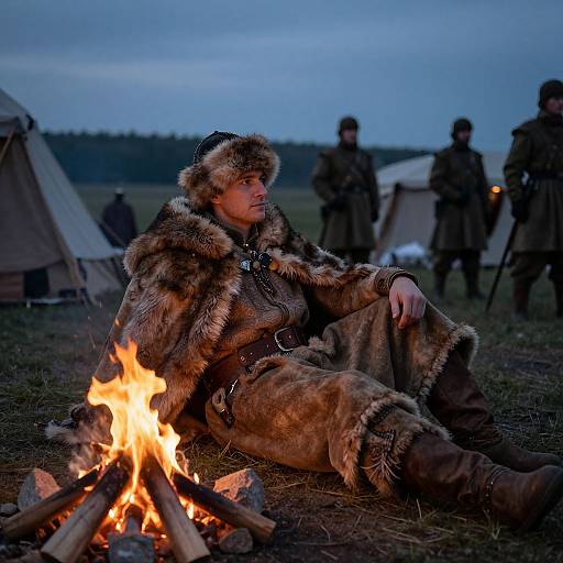 Photograph of a young person in fur clothing, sitting by a campfire at dusk, surrounded by tents and armed guards in the background.