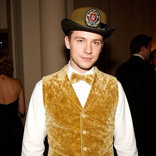 Photograph of a young man with light skin and dark hair, wearing a velvet brown vest, white shirt, bowtie, and black hat with a