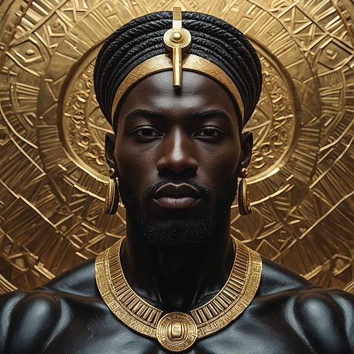 Ebony Sculpture of Nubian God with Gold Adornments