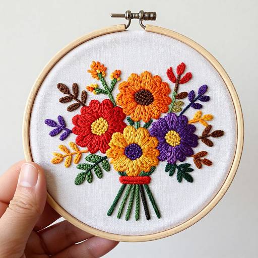 Photograph of colorful embroidery in a wooden hoop, featuring vibrant red, orange, purple, and yellow flowers with green leaves and brown stems, held by