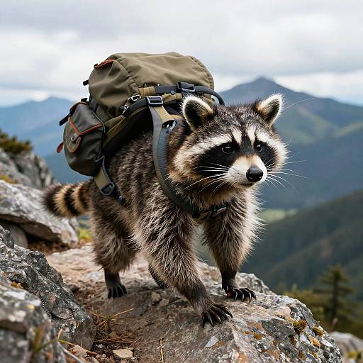 Photograph of a raccoon standing on a rocky mountain trail, wearing a large green backpack, with forested mountains and cloudy sky in the background.