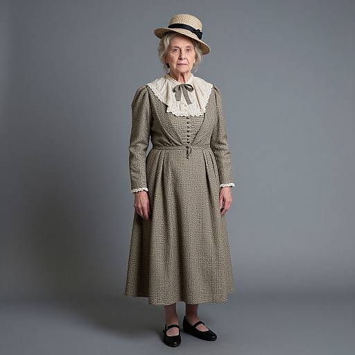 Photograph of an elderly woman with white hair wearing a brown checkered dress with white lace collar, black shoes, and a straw hat against a plain