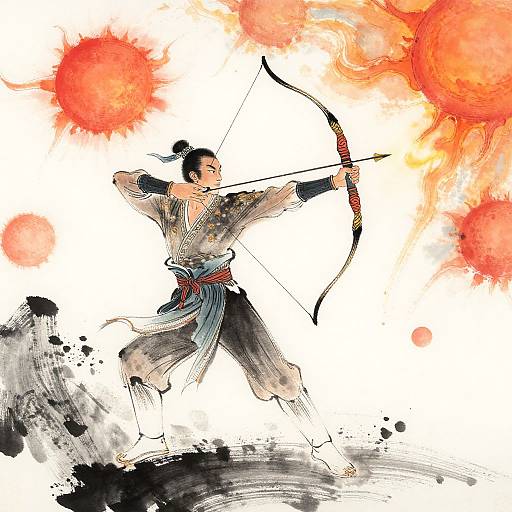 Digital illustration of a Japanese archer in mid-shot, wearing a traditional kimono, with fiery red and black ink splashes in the background. Dynamic