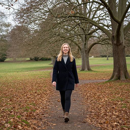 Photograph of a smiling blonde woman in a black coat and jeans walking on a leaf-covered path in a park with bare trees.