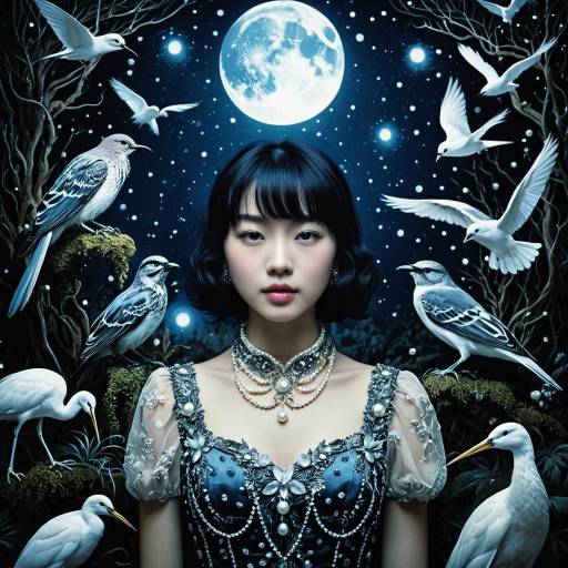 Elegant Woman Surrounded by Night Wildlife Under Full Moon