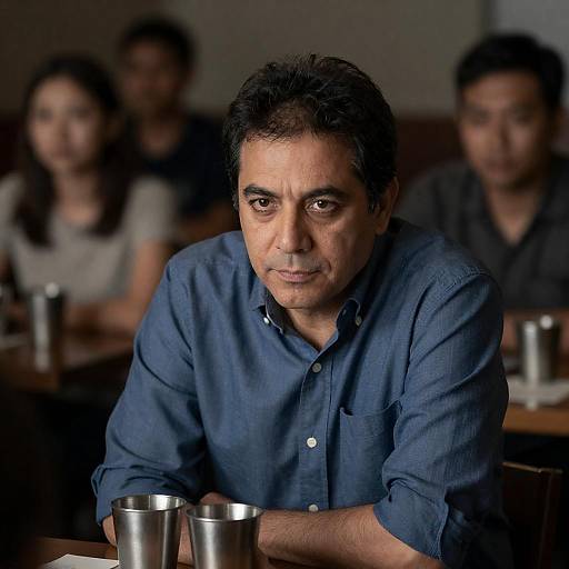 Dimly Lit Man Leaning Over Metal Cups
