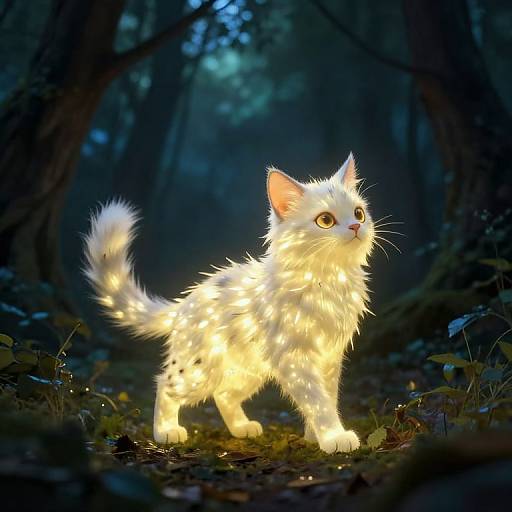 Digital artwork of a glowing white, fluffy kitten with large yellow eyes standing in a dark, dense forest, illuminated by its own light.