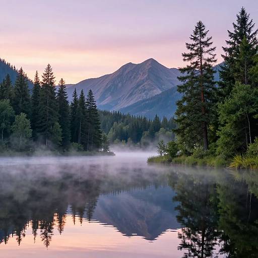 Photograph of a serene lake at dawn, reflecting misty mountains and evergreen trees under a pink and purple sky.