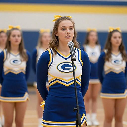 Cheerleader Speaking at Microphone in Gym