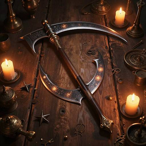 Photograph of ornate silver scimitar with intricate patterns, crossed on dark wooden table, surrounded by glowing candles and decorative brass items.