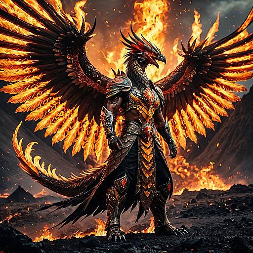 Majestic Phoenix Warrior in Volcanic Landscape