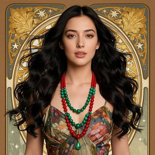 Photograph of a beautiful woman with long black hair, wearing a colorful floral dress and red-green bead necklace, against an ornate golden and starry
