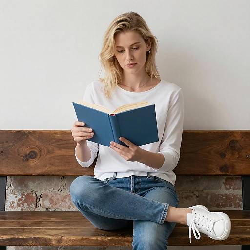 Blonde Woman Reading on Wooden Bench