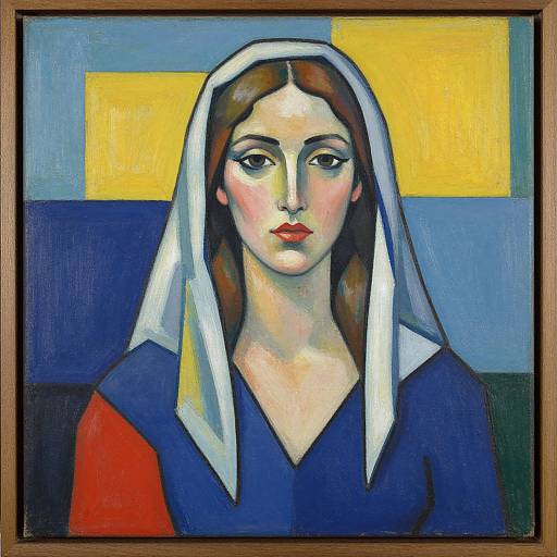 Cubist-style painting of a woman with fair skin, brown hair, red lips, wearing a white veil and blue top, set against a blue