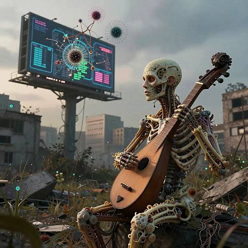 Cyborg Skeleton Playing Lute in Post-Apocalyptic City
