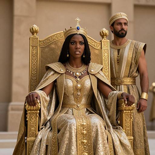 Photograph of a regal black woman in an ornate golden throne, adorned with a crown and jewelry, flanked by a bearded man in