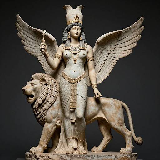 Photograph of an ancient Egyptian stone statue of a winged goddess with an ankh in one hand, standing beside a lion.